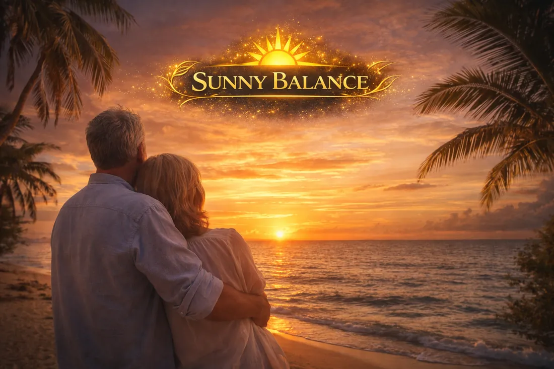 Sunny Balance - двойка на плажа гледа залеза